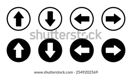 Up, down, left, and right arrow icon on black circle. Upward, downward, leftward, and rightward sign symbol