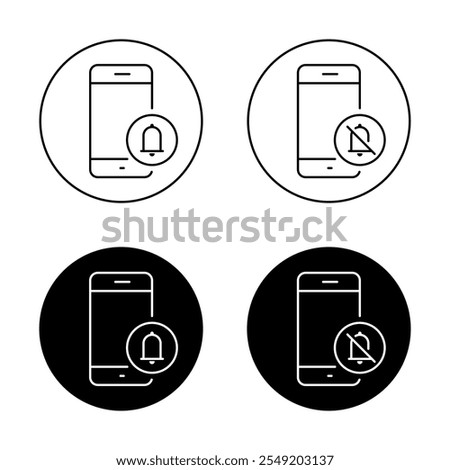 Notification bell and silent mode phone icon on black circle. Cellphone notice sign symbol