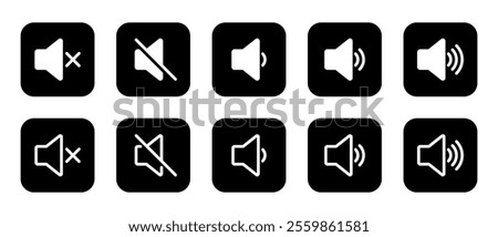 Speaker volume icon set collection. Audio, sound level sign symbol on black square