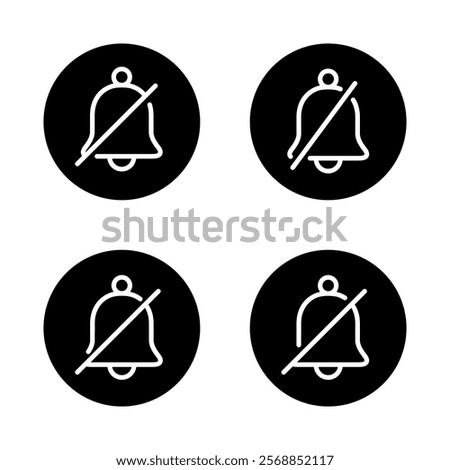 Silent bell outline icon set collection on black circle. Mute notification message line sign symbol