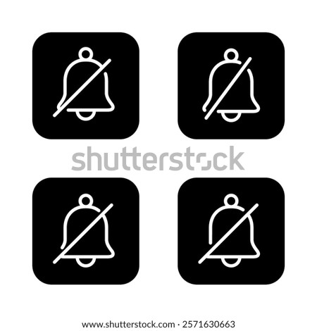 Silent bell outline icon set collection on black square. Mute notification sign symbol