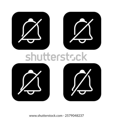 Silent bell icon set on black square. Mute notification sign symbol