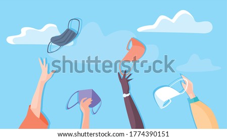 Hands throwing masks into the sky symbolizing freedom and liberation from the disease and the virus. End of quarantine and mask mode. Healthy people. Life after quarantine. Vector illustration