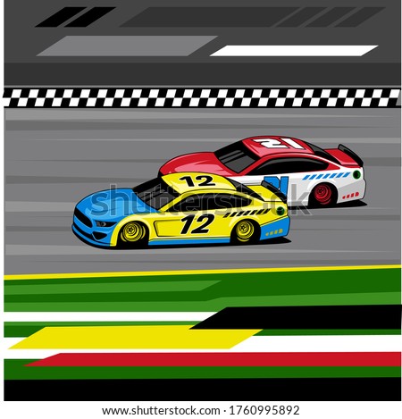 two fast cars overtaking each other in nascar competition approaching the finish line in a straight track