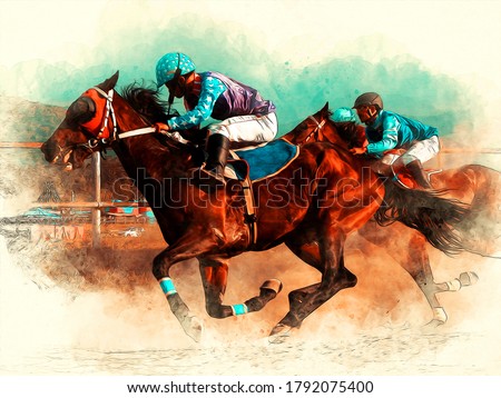 Horse race riding sport jockeys competition horses running watercolor painting illustration and oil painting