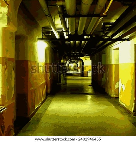 Old destroyed abandoned hospital tunnel basement wirh ghost