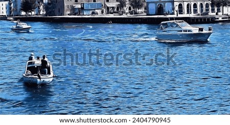 Motorboats sail in the city canal