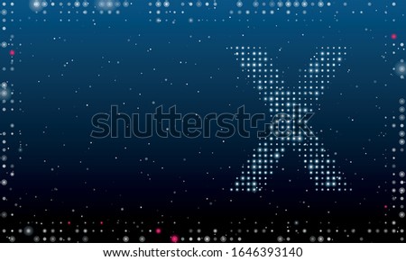 On the right is the symbol of the letter X filled with white dots. Abstract futuristic frame of white dots and circles. Some dots is highlighter. Vector illustration on blue background with stars