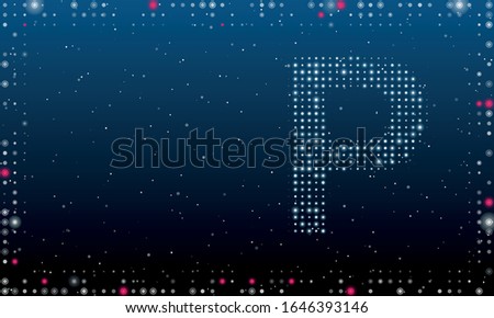 On the right is the symbol of the letter P filled with white dots. Abstract futuristic frame of white dots and circles. Some dots is highlighter. Vector illustration on blue background with stars