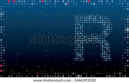 On the right is the symbol of the letter R filled with white dots. Abstract futuristic frame of white dots and circles. Some dots is highlighter. Vector illustration on blue background with stars