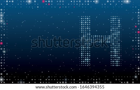 On the right is the symbol of the letter H filled with white dots. Abstract futuristic frame of white dots and circles. Some dots is highlighter. Vector illustration on blue background with stars