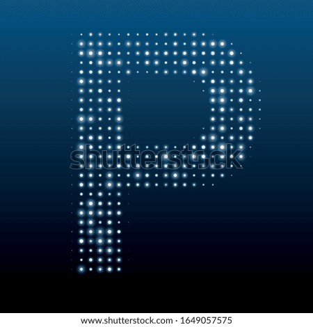 Letter P symbol evenly filled with white dots of various sizes. Vector illustration on blue background