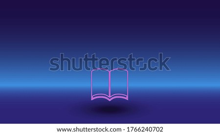 Neon book symbol on a gradient blue background. The isolated symbol is located in the bottom center. Gradient blue with light blue skyline