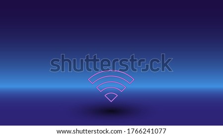 Neon wifi symbol on a gradient blue background. The isolated symbol is located in the bottom center. Gradient blue with light blue skyline