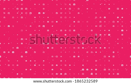 Seamless background pattern of evenly spaced white photo camera symbols of different sizes and opacity. Vector illustration on pink background with stars