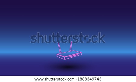 Neon router symbol on a gradient blue background. The isolated symbol is located in the bottom center. Gradient blue with light blue skyline