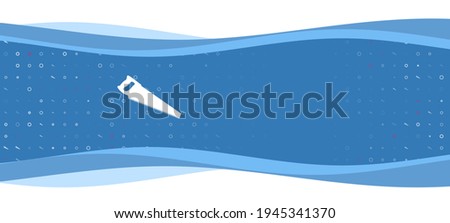 Blue wavy banner with a white hand saw symbol on the left. On the background there are small white shapes, some are highlighted in red. There is an empty space for text on the right side