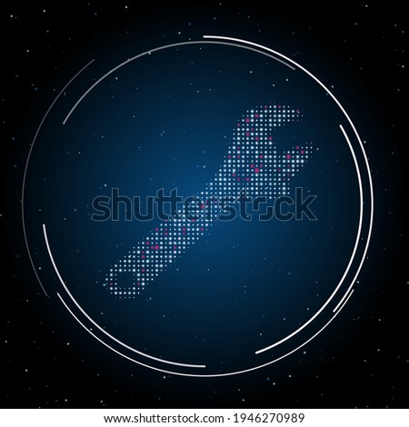 The adjustable wrench symbol filled with white dots. Pointillism style. Some dots is pink. Vector illustration on blue background with stars