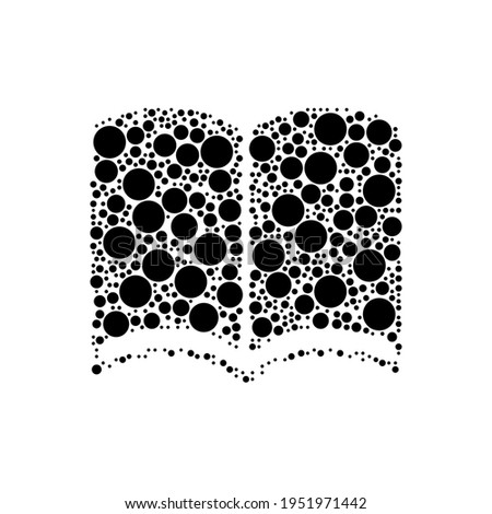 A large book symbol in the center made in pointillism style. The center symbol is filled with black circles of various sizes. Vector illustration on white background