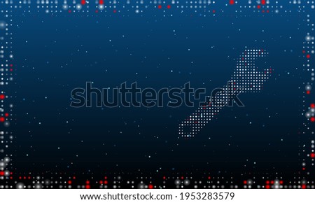On the right is the adjustable wrench symbol filled with white dots. Abstract futuristic frame of dots and circles. Vector illustration on blue background with stars
