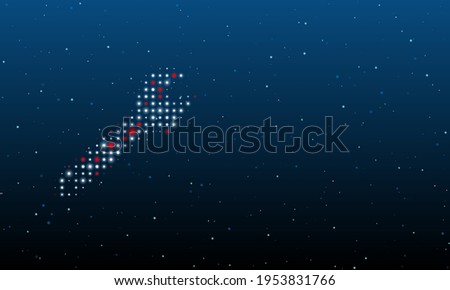 On the left is the adjustable wrench symbol filled with white dots. Background pattern from dots and circles of different shades. Vector illustration on blue background with stars