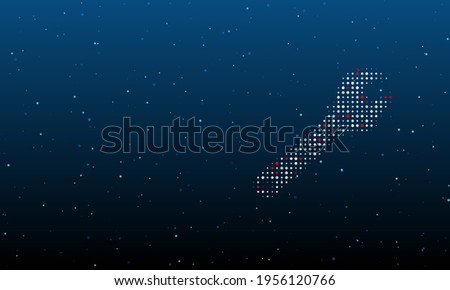 On the right is the adjustable wrench symbol filled with white dots. Background pattern from dots and circles of different shades. Vector illustration on blue background with stars