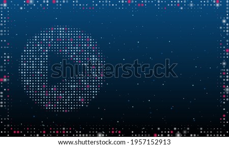 On the left is the play symbol filled with white dots. Pointillism style. Abstract futuristic frame of dots and circles. Some dots is pink. Vector illustration on blue background with stars