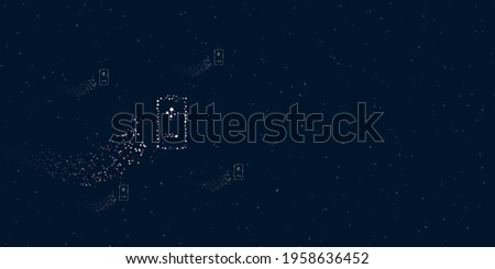 A battery symbol filled with dots flies through the stars leaving a trail behind. Four small symbols around. Empty space for text on the right. Vector illustration on dark blue background with stars