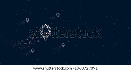 A location symbol filled with dots flies through the stars leaving a trail behind. Four small symbols around. Empty space for text on the right. Vector illustration on dark blue background with stars