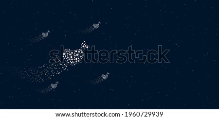 A cupid arrow symbol filled with dots flies through the stars leaving a trail behind. There are four small symbols around. Vector illustration on dark blue background with stars