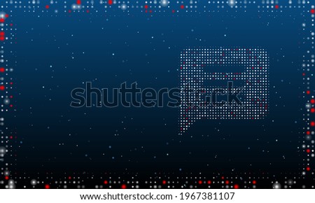On the right is the chat symbol filled with white dots. Pointillism style. Abstract futuristic frame of dots and circles. Some dots is red. Vector illustration on blue background with stars