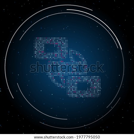 The videoconference symbol filled with white dots. Pointillism style. Some dots is pink. Vector illustration on blue background with stars