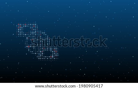 On the left is the videoconference symbol filled with white dots. Background pattern from dots and circles of different shades. Vector illustration on blue background with stars