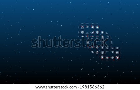 On the right is the videoconference symbol filled with white dots. Background pattern from dots and circles of different shades. Vector illustration on blue background with stars