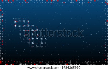 On the left is the videoconference symbol filled with white dots. Pointillism style. Abstract futuristic frame of dots and circles. Some dots is red. Vector illustration on blue background with stars