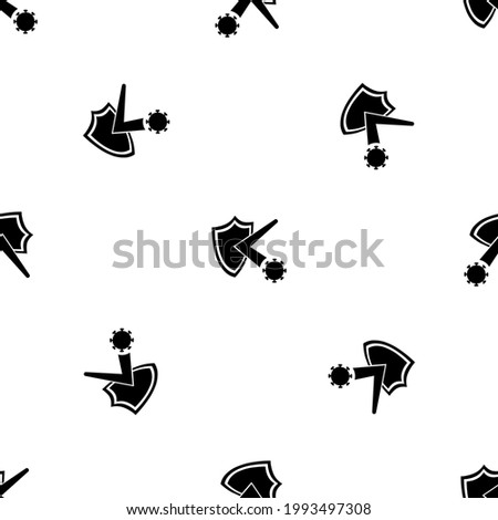 Seamless pattern of repeated black virus bounces off the shield symbols. Elements are evenly spaced and some are rotated. Vector illustration on white background