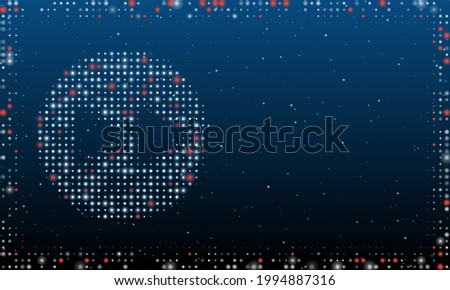 On the left is the fast forward symbol filled with white dots. Pointillism style. Abstract futuristic frame of dots and circles. Some dots is red. Vector illustration on blue background with stars