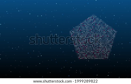 On the right is the pentagon symbol filled with white dots. Background pattern from dots and circles of different shades. Vector illustration on blue background with stars