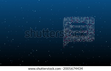 On the right is the chat symbol filled with white dots. Background pattern from dots and circles of different shades. Vector illustration on blue background with stars