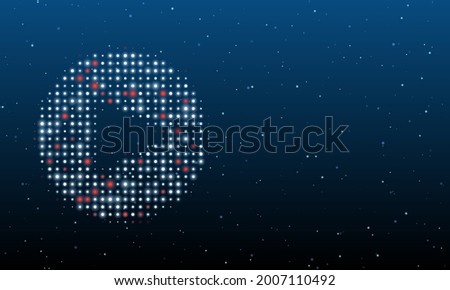 On the left is the play symbol filled with white dots. Background pattern from dots and circles of different shades. Vector illustration on blue background with stars