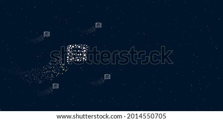 A chat symbol filled with dots flies through the stars leaving a trail behind. Four small symbols around. Empty space for text on the right. Vector illustration on dark blue background with stars