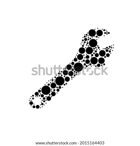 A large adjustable wrench symbol in the center made in pointillism style. The center symbol is filled with black circles of various sizes. Vector illustration on white background