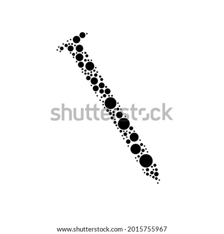 A large metal nail symbol in the center made in pointillism style. The center symbol is filled with black circles of various sizes. Vector illustration on white background