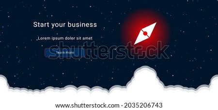 Business startup concept Landing page screen. The compass symbol on the right is highlighted in bright red. Vector illustration on dark blue background with stars and curly clouds from below
