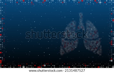 On the right is the lungs symbol filled with white dots. Pointillism style. Abstract futuristic frame of dots and circles. Some dots is red. Vector illustration on blue background with stars