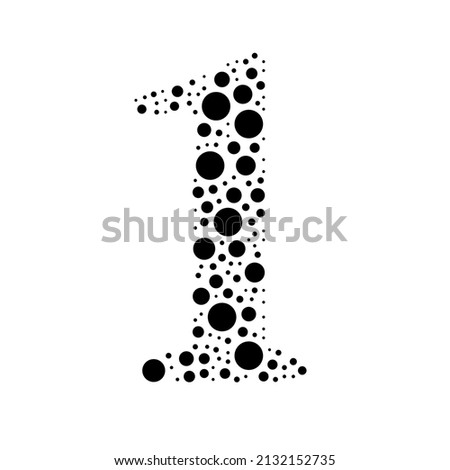 A large number one symbol in the center made in pointillism style. The center symbol is filled with black circles of various sizes. Vector illustration on white background