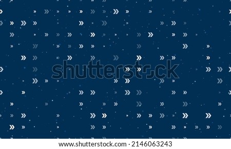 Seamless background pattern of evenly spaced white double arrow symbols of different sizes and opacity. Vector illustration on dark blue background with stars