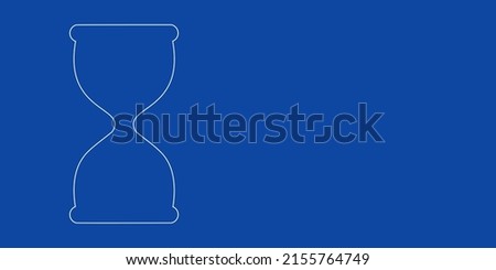 A large white outline hourglass symbol on the left. Designed as thin white lines. Vector illustration on blue background