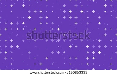 Seamless background pattern of evenly spaced white plus symbols of different sizes and opacity. Vector illustration on deep purple background with stars