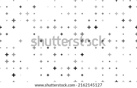 Seamless background pattern of evenly spaced black plus symbols of different sizes and opacity. Vector illustration on white background